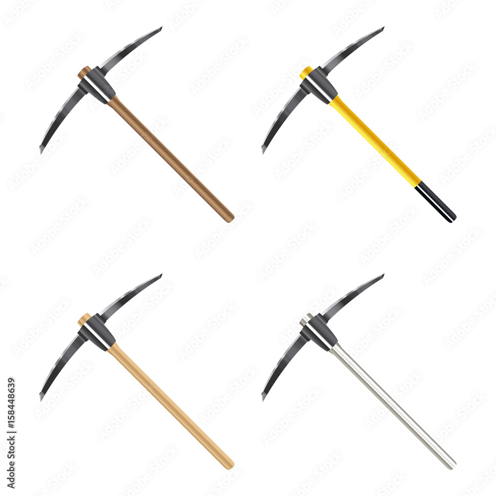 set of wood and steel pickaxe on white background set of wood and steel pickaxe on white background