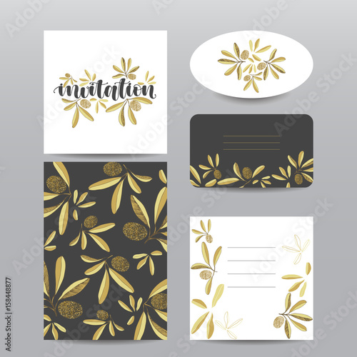 Set of handwritten calligraphy invitation with gold glitter olives and leaves for wedding invitation card. Modern lettering hand drawn image on white background. Greeting templates.