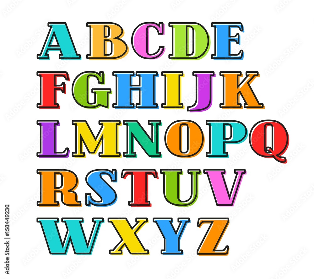 English alphabet colorful letters, black outline, vector. Capital letters with serif on a white background. Black outline is offset to the side. 