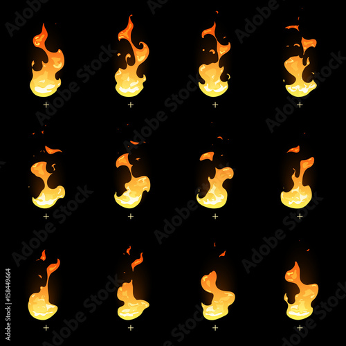 Fire sprite sheet. Cartoon vector flame game animation