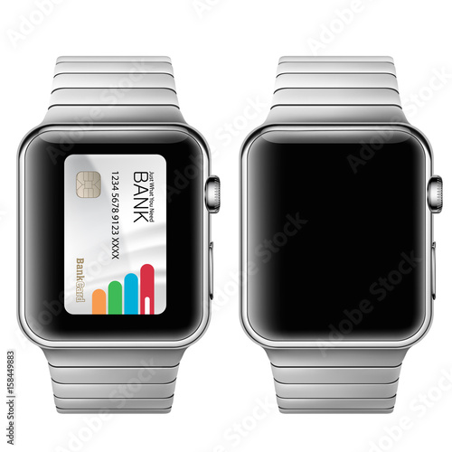 Vector illustration in a realistic style the concept of e-payments using the application on your wrist watch. Illustration of the wrist watch on white