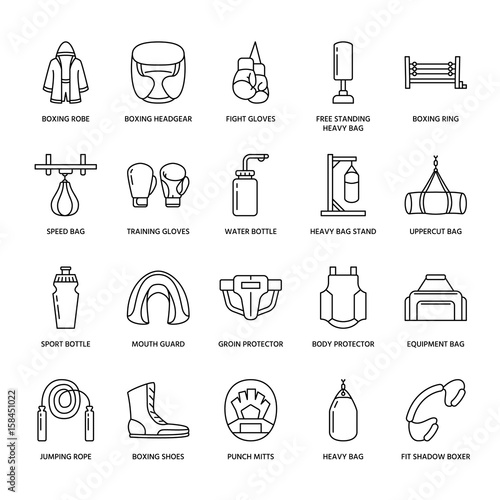 Boxing vector line icons. Punchbag, boxer gloves, ring, heavy bags, punching mitts. Sport training signs set, box championship pictogram with editable stroke for club, equipment store.