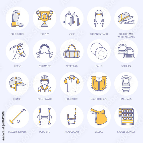 Horse polo flat line icons. Vector illustration of horse sport game, equestrian equipment saddle, leather boots, harness, spurs. Linear colored sign set, championship pictograms for event, gear store.