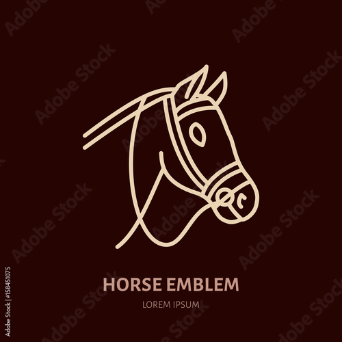 Horse, cute pony flat line icon. Logo for equestrian club, horserace equipment store.