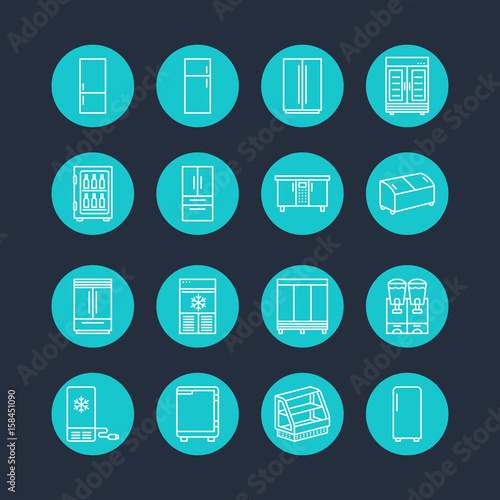 Refrigerators flat line icons. Fridge types, freezer, wine cooler, commercial major appliance, refrigerated display case. Thin linear signs for household equipment shop.