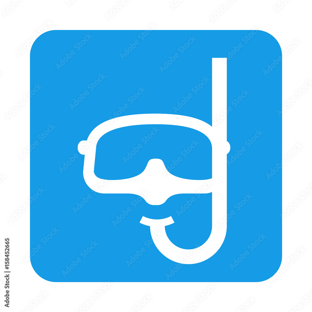 Icono plano gafas y snorkel en cuadrado azul Icono plano gafas y snorkel en cuadrado azul