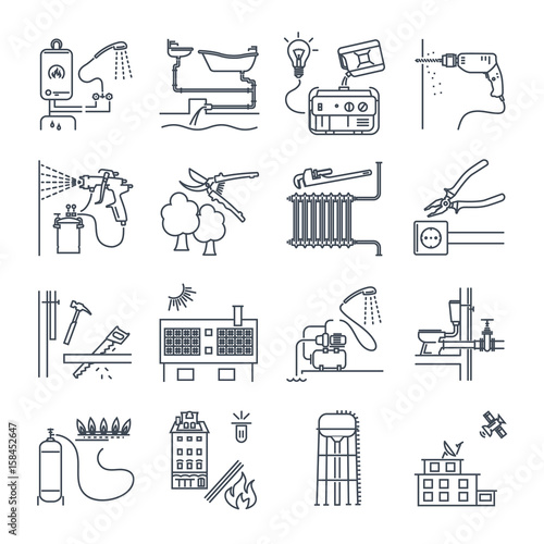 set of thin line icons public utility, electricity, gas, water, heating, sewer system