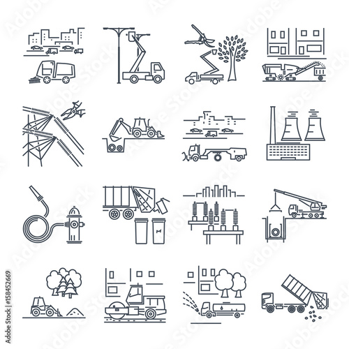 set of thin line icons public utility, construction, installation, operation, supply, maintenance