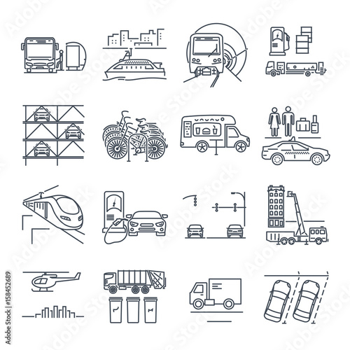 set of thin line icons municipal city transport, public utility