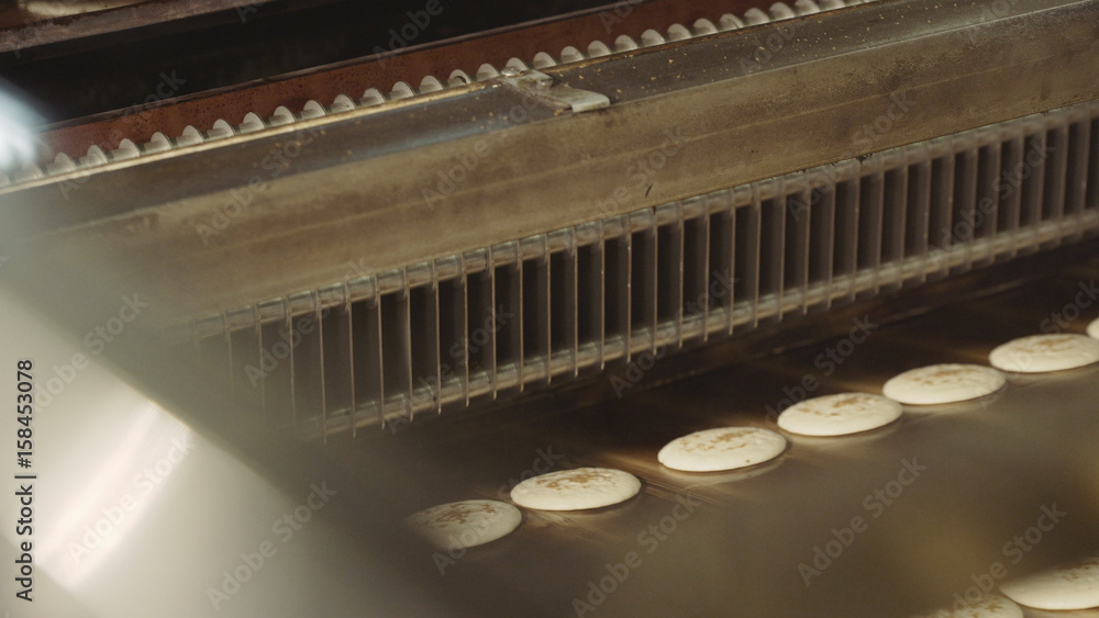 Cookies on the conveyor. Production of round cookies Cookies on the conveyor. Production of round cookies