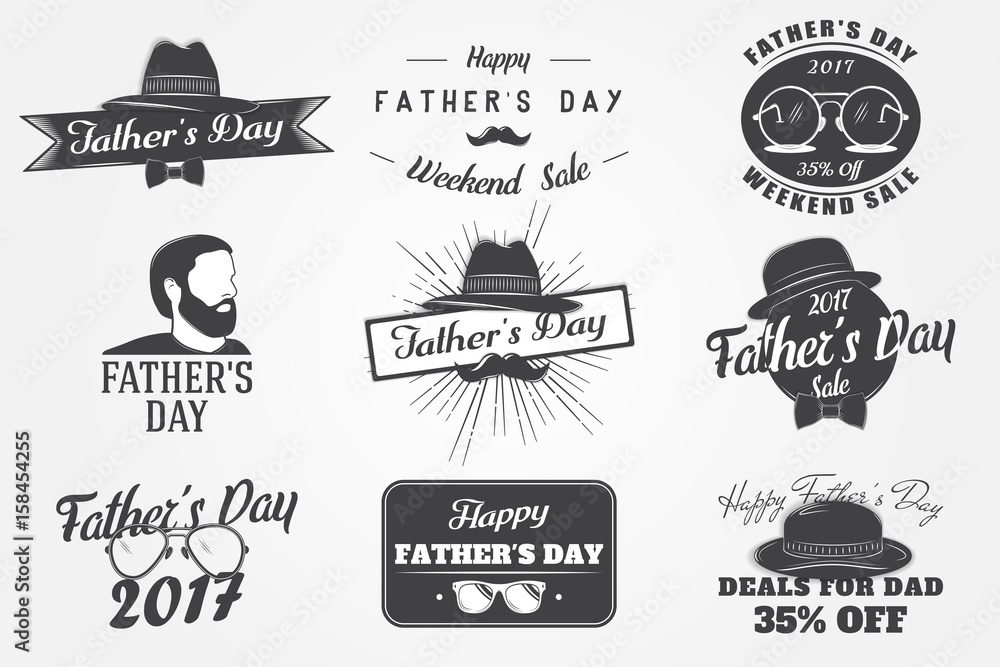 Happy Father's Day greeting. A set of nine black colored vintage style Father's Day Designs on white background. Happy Father's Day greeting. A set of nine black colored vintage style Father's Day Designs on white background.