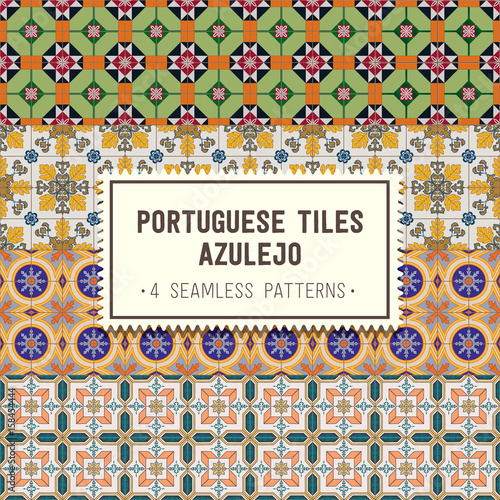 Seamless patterns set with Portuguese tiles. Azulejo