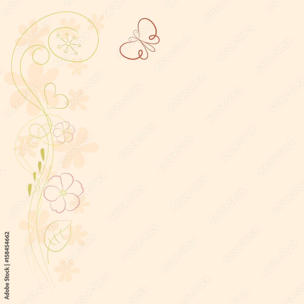 Vertical vector illustration with curls, flowers, leaves, a butterfly in pastel colours. Can be used as a postcard for congratulation or invitation. EPS10.