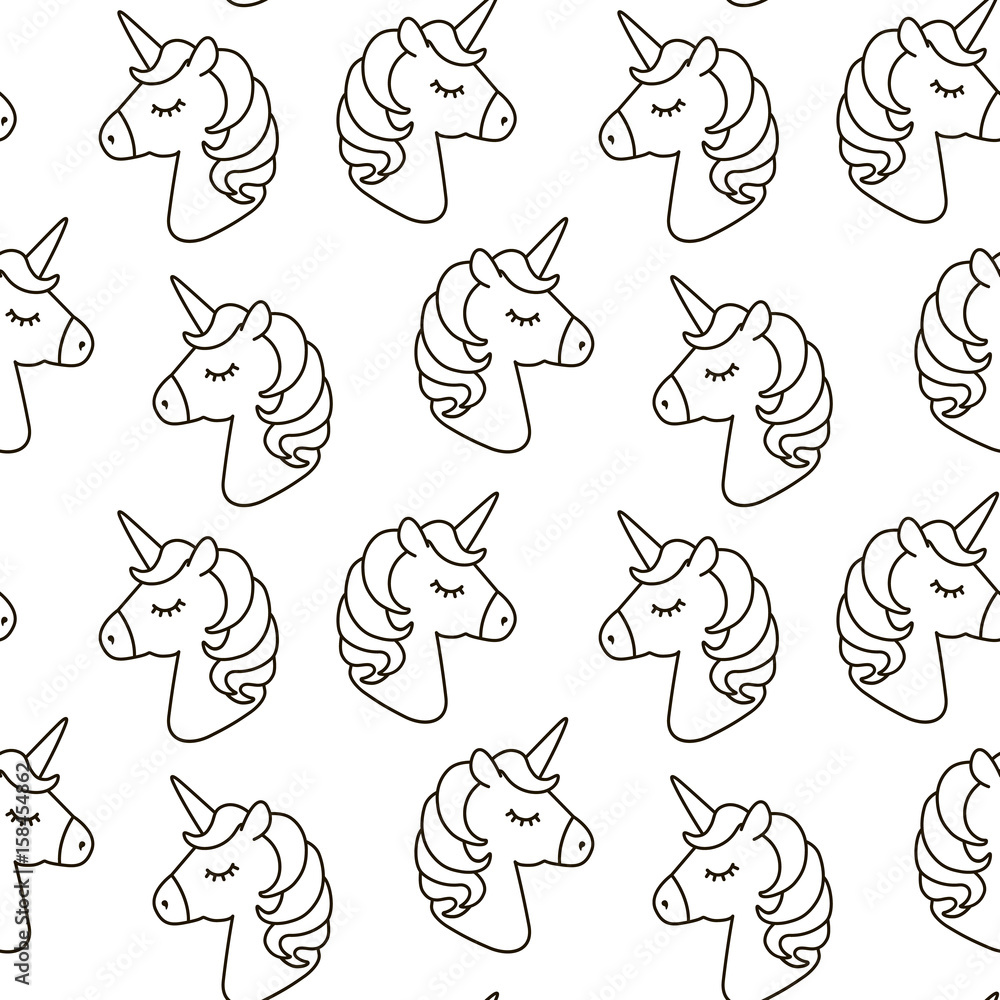 Unicorn vector seamless pattern. Horse head sleep. Black and white outline icon isolated. Cute magic cartoon fantasy animal. Dream symbol. Design for children, textile texture, baby interior Unicorn vector seamless pattern. Horse head sleep. Black and white outline icon isolated. Cute magic cartoon fantasy animal. Dream symbol. Design for children, textile texture, baby interior