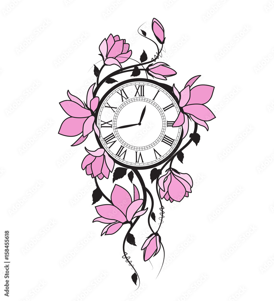 Naklejka premium Magnolia flowers and clock