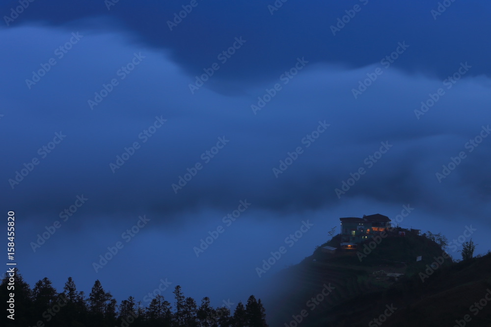 Mountains in the mist in the night, Sapa, Vietnam