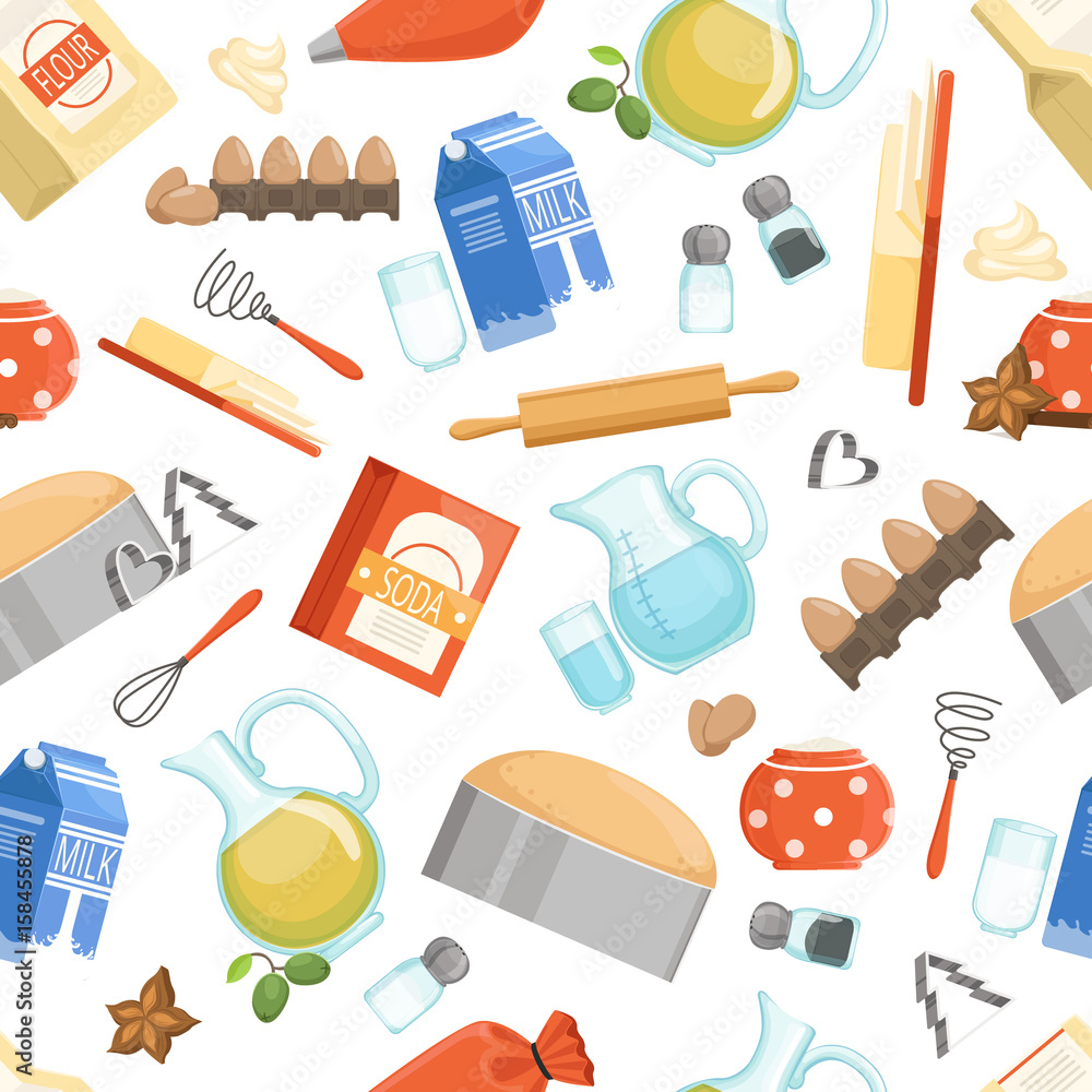 Different ingredients for cooking bakery foods. Vector seamless pattern in cartoon style
