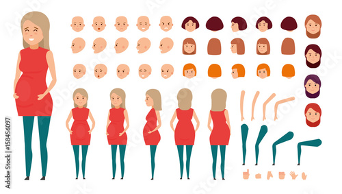 Woman character creation set. Diverse set of pregnant women. Icons with different types of faces, emotions, front, rear side. Cartoon flat-style infographic illustration