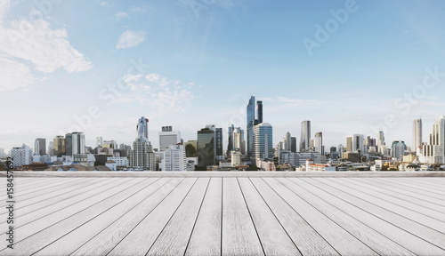 Photography Panoramic city view with empty white wooden floor