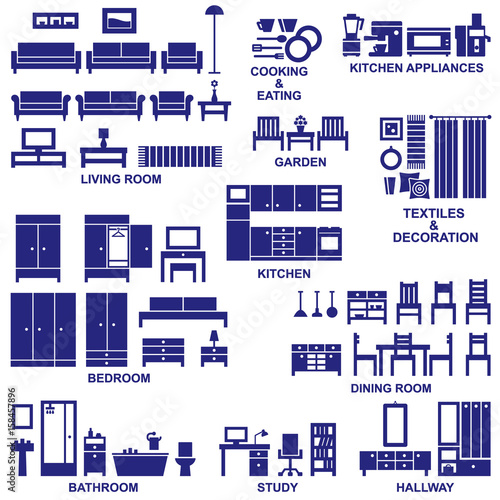 Furniture and home equipment related vector silhouette icons set