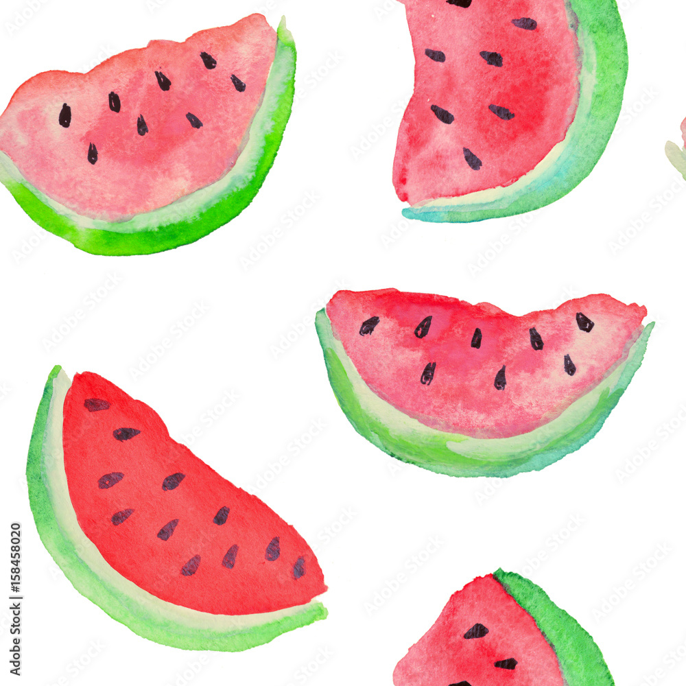 Seamless pattern with watercolor slices of watermelon on white background