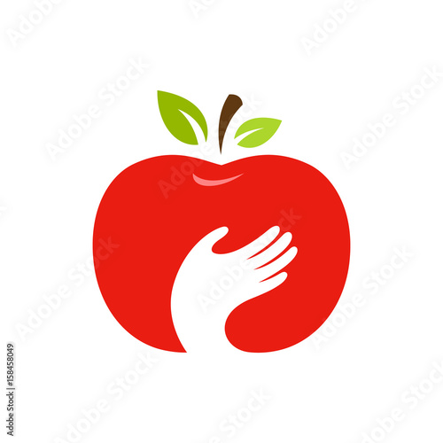 Apple and hand vector logo, label, emblem design.