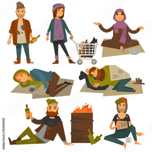 Beggars and bum or vagrant homeless people vector flat isolated icons