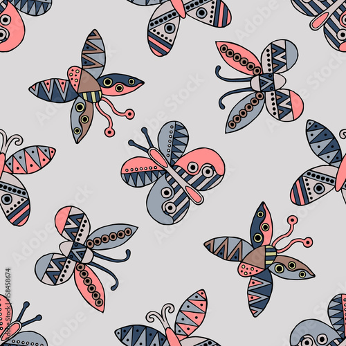 Vector hand drawn seamless pattern, decorative stylized childish butterflies. Doodle style, tribal graphic illustration Cute hand drawing in vintage colors. Series of doodle, cartoon, illustrations