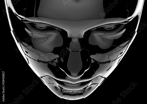 The head of a cyborg on a black background.