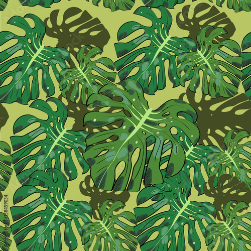 Hand drawn seamless vector pattern of split leaf philodendrom. Sketch style. photo