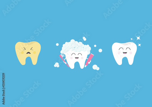 Healthy smiling white tooth icon. Crying bad ill yellow teeth. Toothbrush with toothpaste bubble foam. Before after concept. Cute character set. Oral dental hygiene. Baby background. Flat