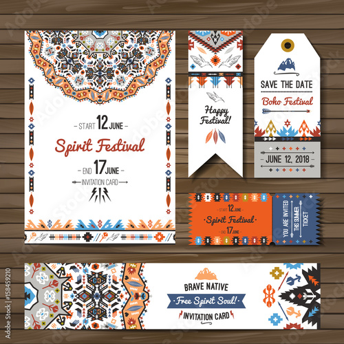 Collection of banners, flyers or invitations with geometric elements. Flyer design in bohemian style