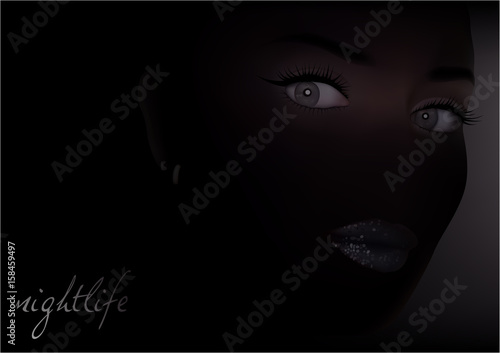 Woman Face In The Dark - Close-up Portrait Of Sensuality Beautiful Woman Face with Make-up And Sexy Glitter Lips Makeup. Vector Illustration.