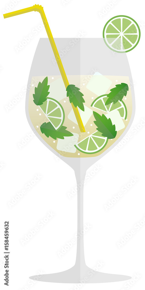 Hugo Getränk im Glas mit Limetten scheibe und gelben Strohhalm Stock Vector  | Adobe Stock