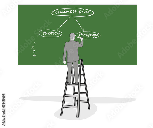 Businessman writes on a blackboard a business development plan. Hand drawn cartoon vector illustration for design and infographics.