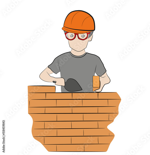 A worker builds a wall, a brickwork. Work of the builder. Hand drawn cartoon vector illustration for design and infographics.