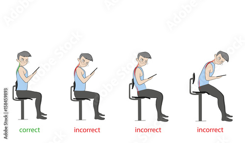 Correct and incorrect inclination of the neck when working with a smartphone (tablet). Hand drawn cartoon vector illustration for design and infographics. 