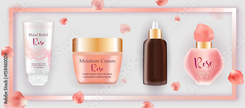 Cosmetic set skincare isolated on gray background. Hand cream, face creme, body oil and perfume, rose petals and pink frame. Cosmetics advertisement design, vector illustration. 
