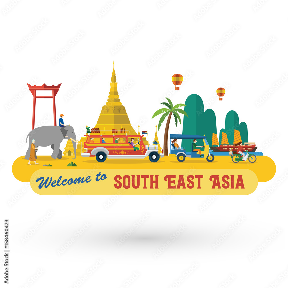 Fototapeta premium Flat design, South East Asia's landmarks and icons, Vector