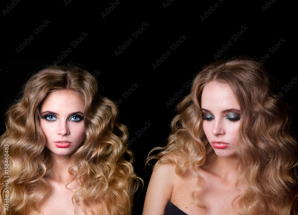 Naklejka premium Beauty Fashion Model Woman , portrait, hairstyle with creative hair-dress, curls waves. Concept Girl face with perfect skin in dark Background