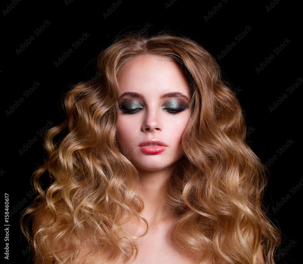 Beauty Fashion Model Woman , portrait, hairstyle with creative hair-dress, curls waves. Concept Girl face with perfect skin in dark Background Beauty Fashion Model Woman , portrait, hairstyle with creative hair-dress, curls waves. Concept Girl face with perfect skin in dark Background