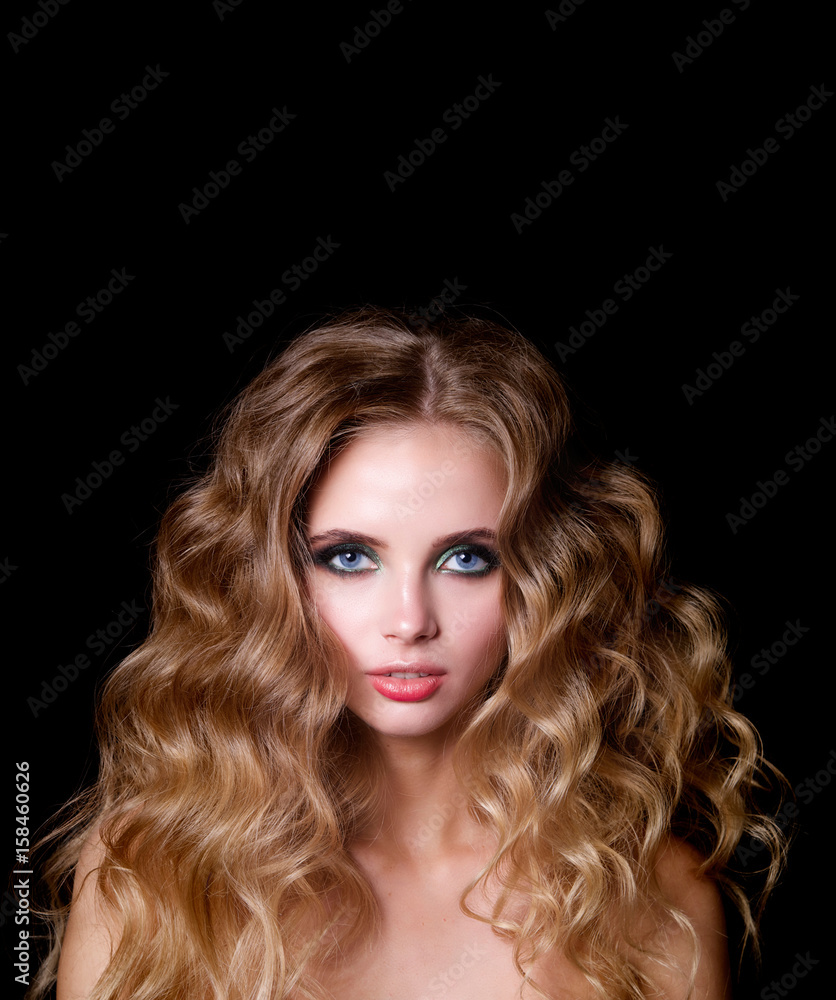 Naklejka premium Beauty Fashion Model Woman , portrait, hairstyle with creative hair-dress, curls waves. Concept Girl face with perfect skin in dark Background