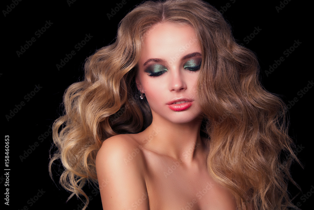 Beauty Fashion Model Woman , portrait,  hairstyle with creative hair-dress, curls waves. Concept Girl face with perfect skin in dark Background