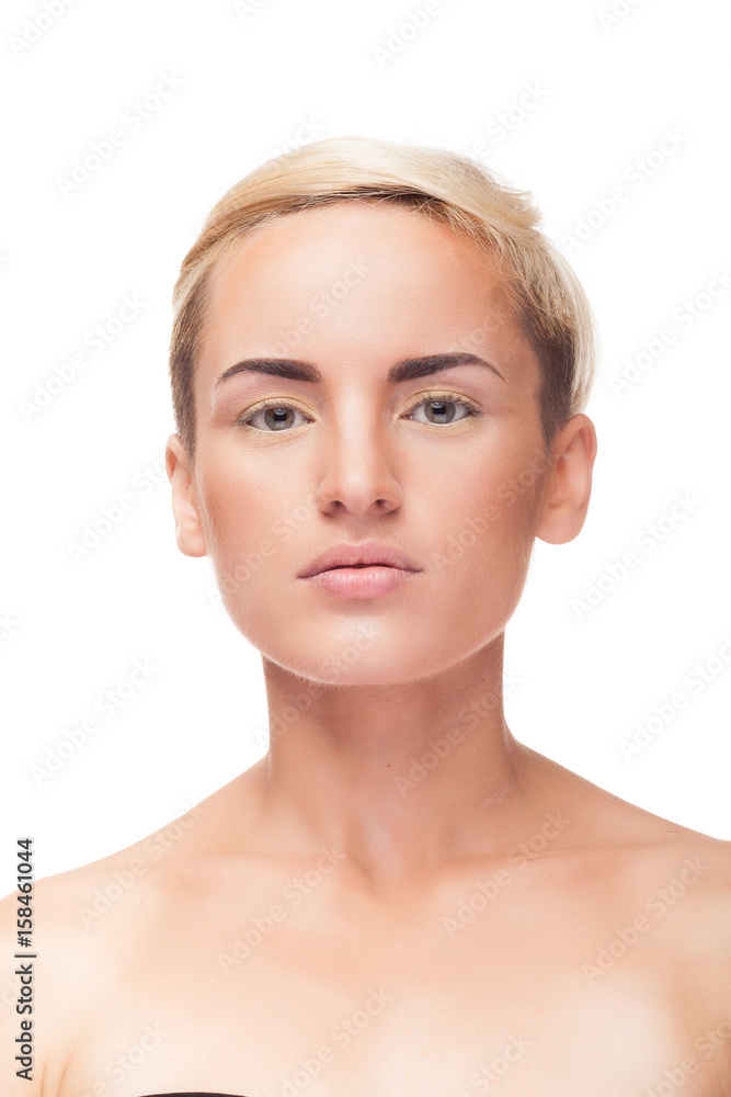 Woman with natural light makeup on white background in studio photo. Clean healthy portrait