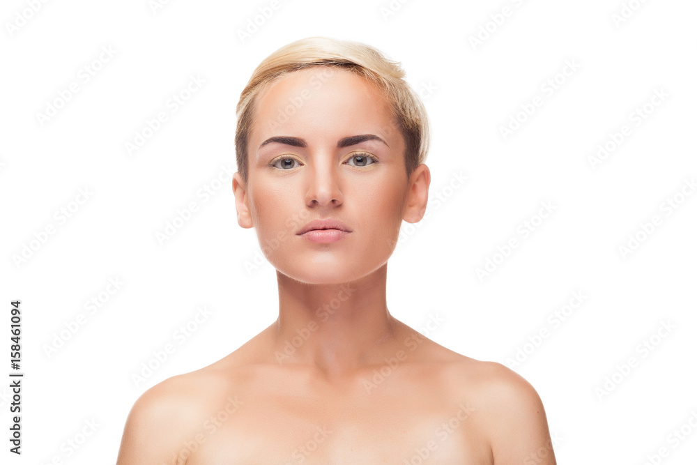 Woman with natural light makeup on white background in studio photo. Clean healthy portrait Woman with natural light makeup on white background in studio photo. Clean healthy portrait