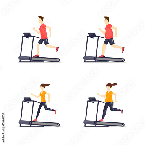 Young adult man, girl running on treadmill, sport, fitness, athletics, healthy lifestyle. Fat and thin. Cartoon. Vector illustration flat design.