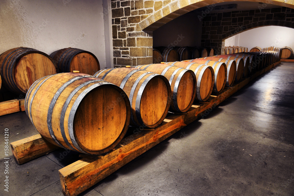 Wine barrels and metal cisterns in dark cellar