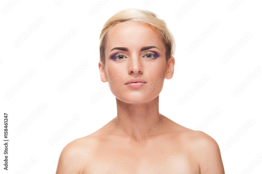 Beautiful woman with professional make up over white background in studio photo Beautiful woman with professional make up over white background in studio photo