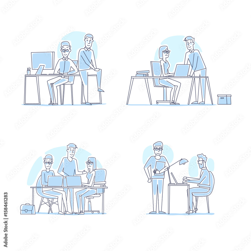 Business characters. Thin line. Co working people, meeting, teamwork, collaboration and discussion, conference table, brainstorm. Workplace. Office life. Flat design vector illustration. Business characters. Thin line. Co working people, meeting, teamwork, collaboration and discussion, conference table, brainstorm. Workplace. Office life. Flat design vector illustration.