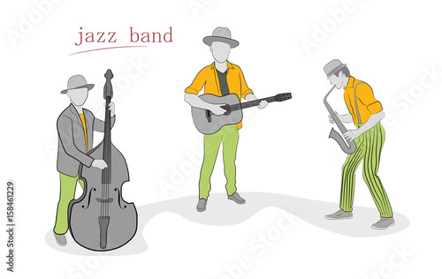 Jazz band with different musical instruments. Hand drawn cartoon vector illustration for design and infographics.